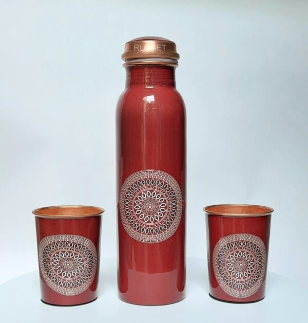 Printed Copper Bottle and Glass Set | Red Floral Bottle Gift Sets