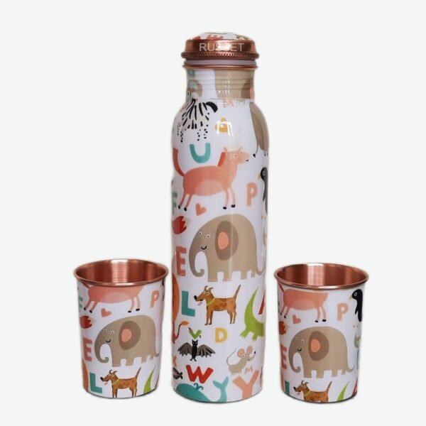 Cartoon Printed Copper Water Bottle And Glass Set (Animal Planet)