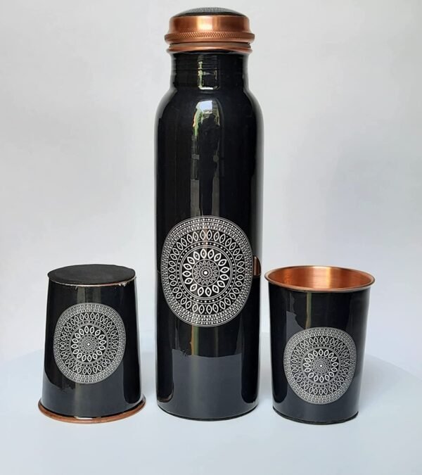 Copper Bottle 1 Litre With Glass | Black Floral Printed Water Bottle Gift Set