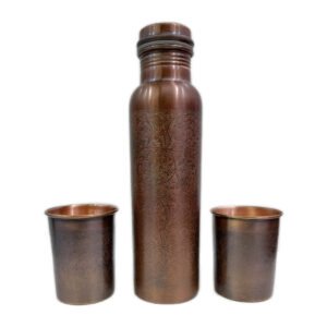 etched embossed antique copper bottle with glass set